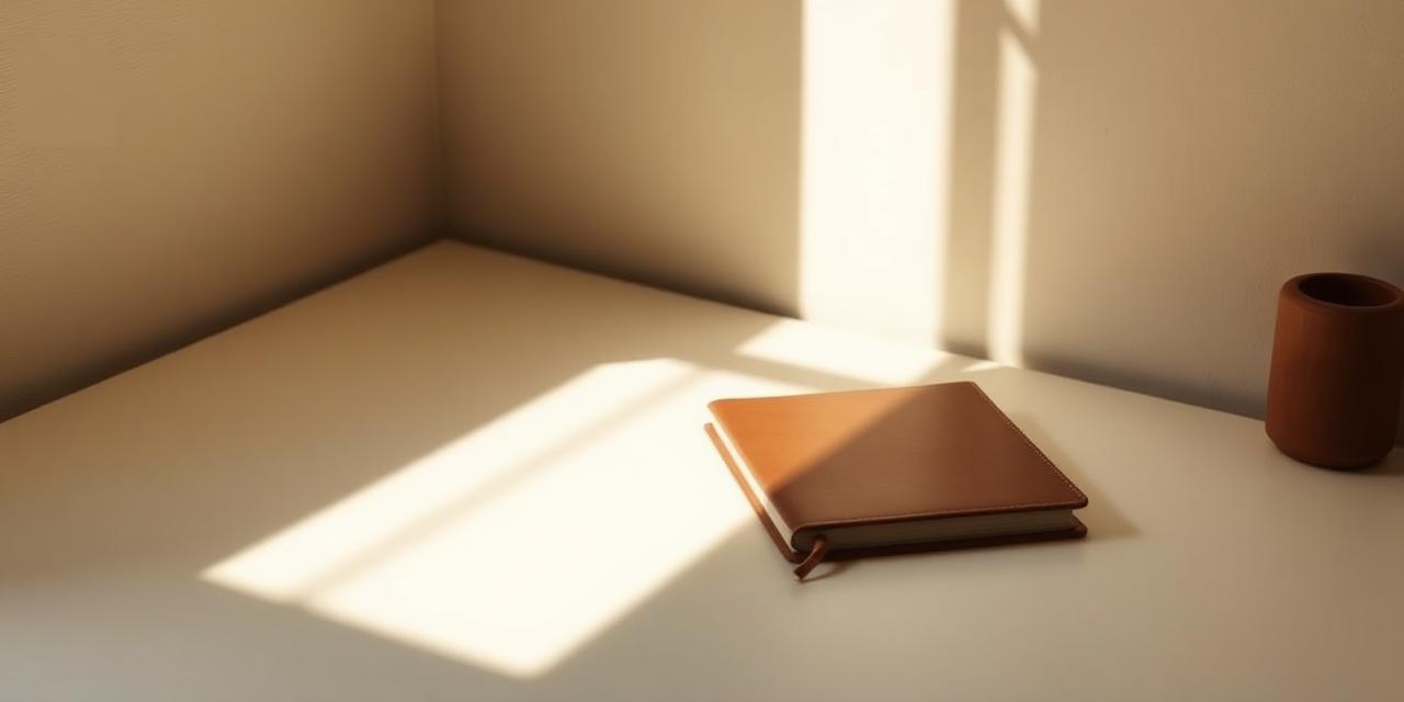 Mesa minimalista com caderno e um raio de luz da manhã
